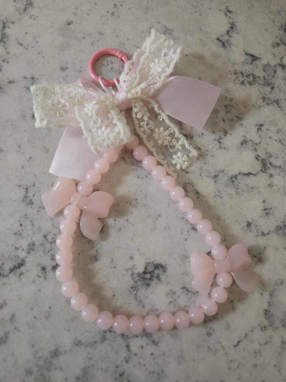 Pink Beaded Bow With Lace Ribbon
